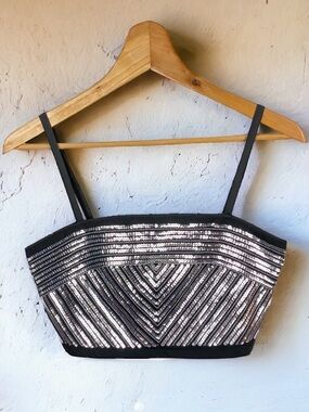 Bethany Mota Y2K Silver Sequin Striped Bustier Bandeau Cropped Tank Top  S